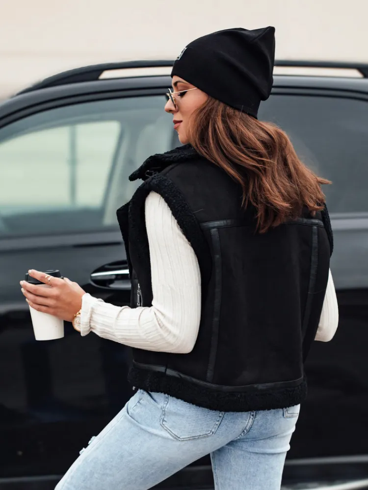 Kożuszki Damskie|Kamizelki Damskie>Dstreet Kamizelka damska zamszowa z kożuszkiem WOOLZIP czarna TY4742