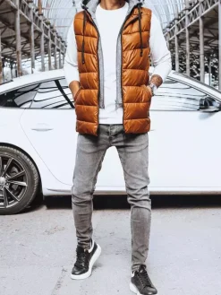 Kamizelki Męskie>Dstreet Kamizelka męska kamelowa TX4136