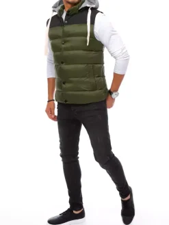 Kamizelki Męskie>Dstreet Kamizelka męska z kapturem zielona TX3935