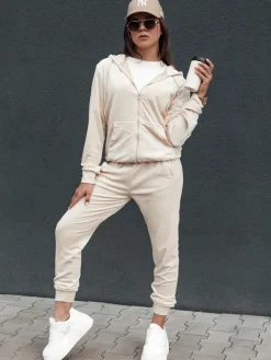 Komplety Dresowe Damskie>Dstreet Komplet damski welurowy rozpinany VELCOMFY ecru AY1081