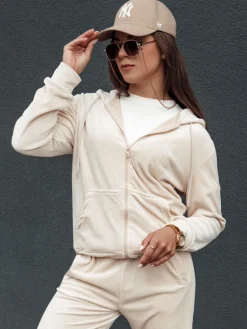 Komplety Dresowe Damskie>Dstreet Komplet damski welurowy rozpinany VELCOMFY ecru AY1081