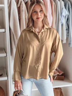Koszule Damskie>Dstreet Koszula damska one size oversize SATINIA beżowa DY0451