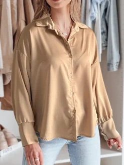 Koszule Damskie>Dstreet Koszula damska one size oversize SATINIA beżowa DY0451