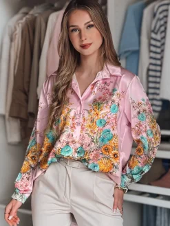 Koszule Damskie|Wyjątkowe Okazje>Dstreet Koszula damska oversize w kwiaty BLOSSIVA różowa DY0465