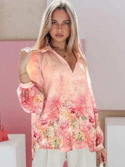 Koszule Damskie|Wyjątkowe Okazje>Dstreet Koszula damska oversize w kwiaty KWIACYNTA różowa DY0470