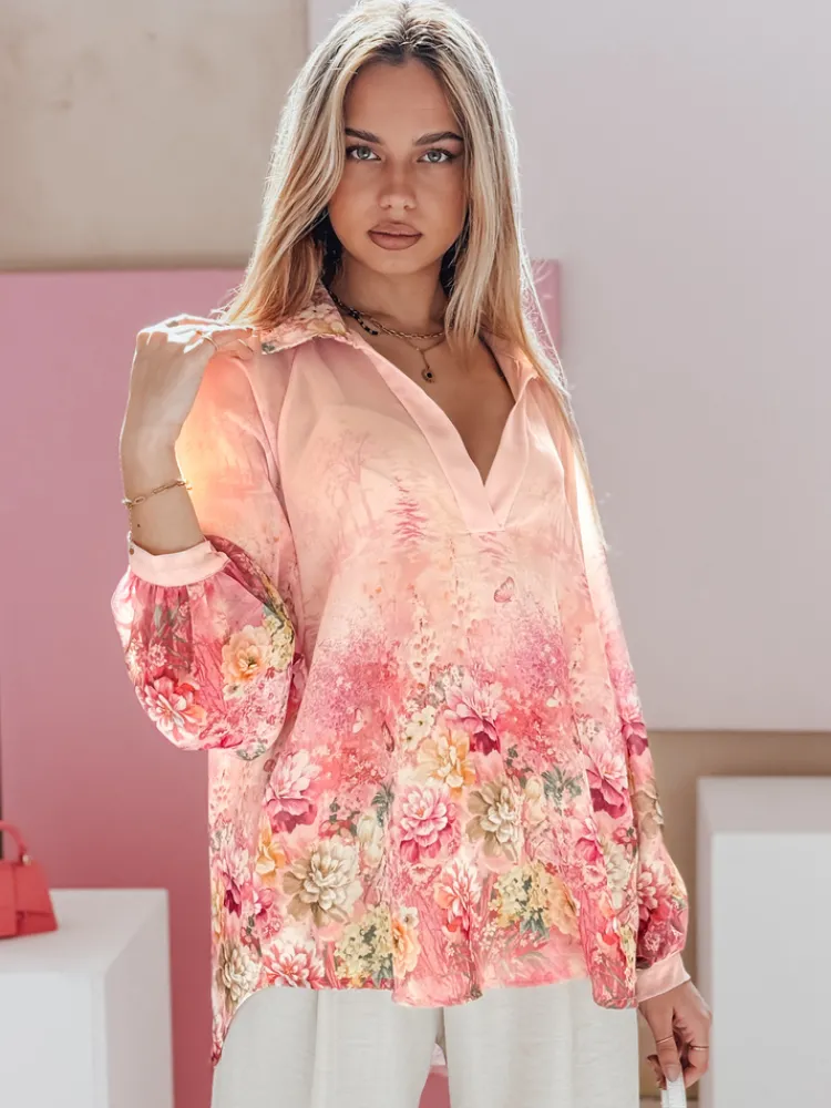 Koszule Damskie|Wyjątkowe Okazje>Dstreet Koszula damska oversize w kwiaty KWIACYNTA różowa DY0470