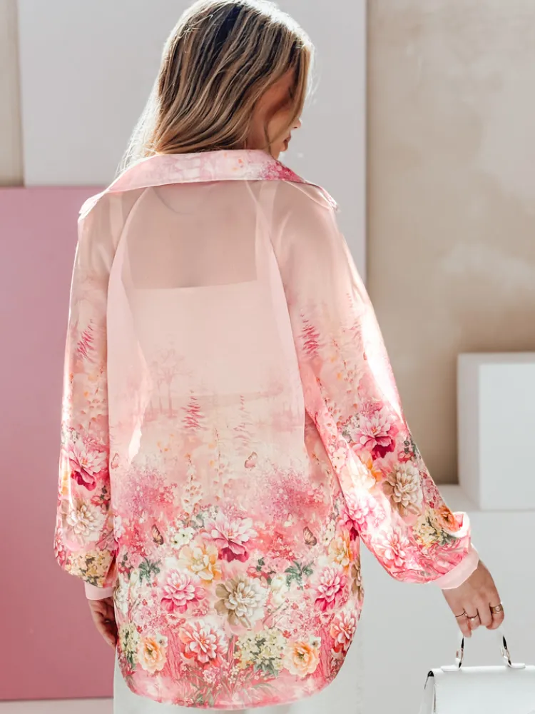 Koszule Damskie|Wyjątkowe Okazje>Dstreet Koszula damska oversize w kwiaty KWIACYNTA różowa DY0470