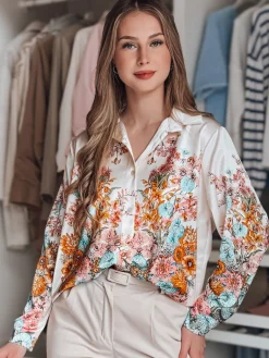 Koszule Damskie|Wyjątkowe Okazje>Dstreet Koszula damska oversize w kwiaty BLOSSIVA jasnobeżowa DY0464