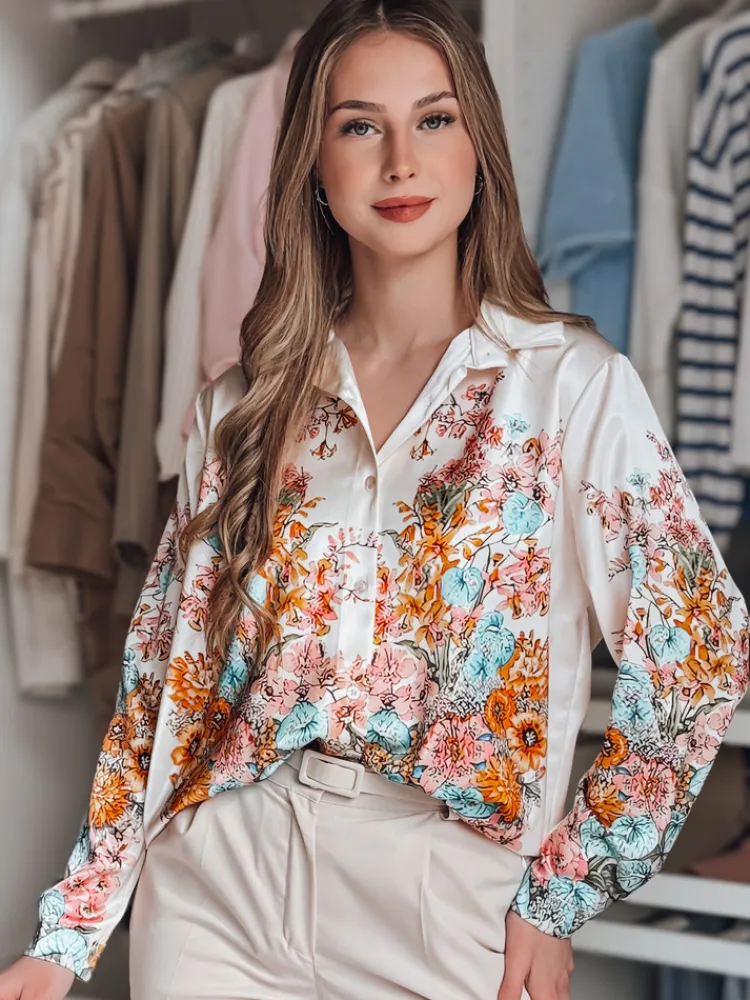 Koszule Damskie|Wyjątkowe Okazje>Dstreet Koszula damska oversize w kwiaty BLOSSIVA jasnobeżowa DY0464