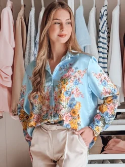 Koszule Damskie|Wyjątkowe Okazje>Dstreet Koszula damska oversize w kwiaty BLOSSIVA błękitna DY0466