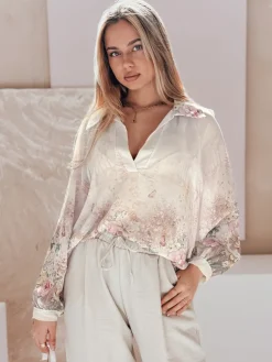 Koszule Damskie|Wyjątkowe Okazje>Dstreet Koszula damska oversize w kwiaty KWIACYNTA jasnobeżowa DY0469