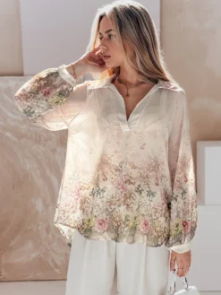 Koszule Damskie|Wyjątkowe Okazje>Dstreet Koszula damska oversize w kwiaty KWIACYNTA jasnobeżowa DY0469