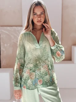 Koszule Damskie|Wyjątkowe Okazje>Dstreet Koszula damska oversize w kwiaty KWIACYNTA zielona DY0471