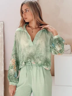 Koszule Damskie|Wyjątkowe Okazje>Dstreet Koszula damska oversize w kwiaty KWIACYNTA zielona DY0471