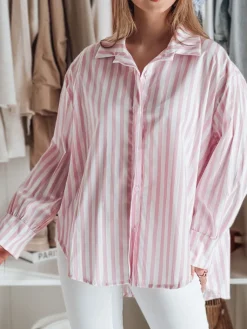 Koszule Damskie>Dstreet Koszula damska oversize z dłuższym tyłem SAMONE w różowo-białe paski DY0462