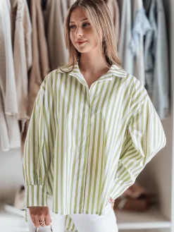 Koszule Damskie>Dstreet Koszula damska oversize z dłuższym tyłem SAMONE w zielono-białe paski DY0460