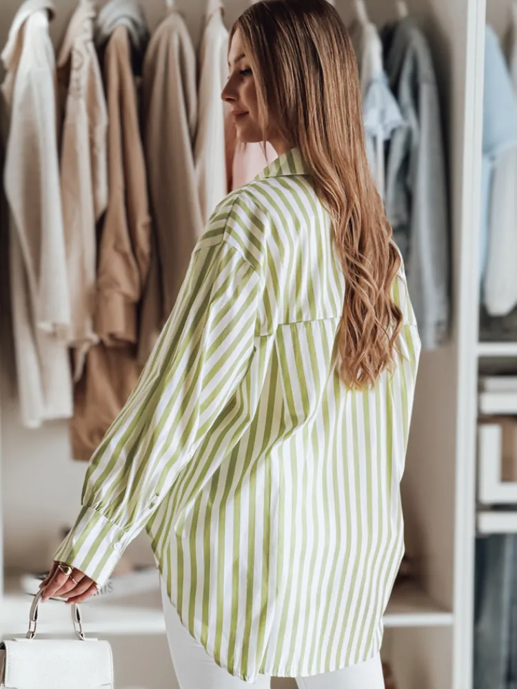 Koszule Damskie>Dstreet Koszula damska oversize z dłuższym tyłem SAMONE w zielono-białe paski DY0460