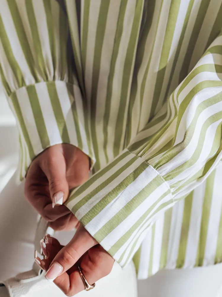 Koszule Damskie>Dstreet Koszula damska oversize z dłuższym tyłem SAMONE w zielono-białe paski DY0460