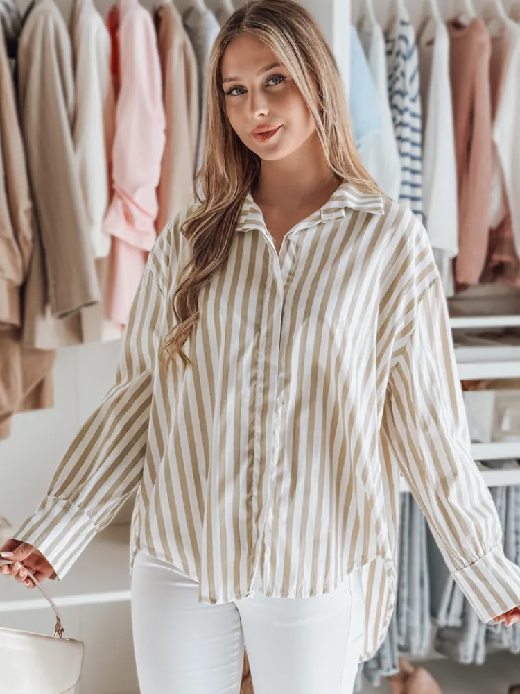 Koszule Damskie>Dstreet Koszula damska oversize z dłuższym tyłem SAMONE w beżowo-białe paski DY0463