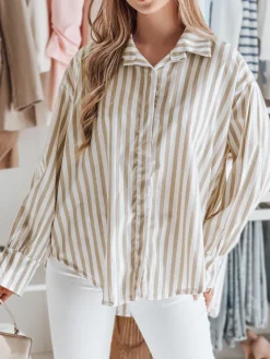 Koszule Damskie>Dstreet Koszula damska oversize z dłuższym tyłem SAMONE w beżowo-białe paski DY0463
