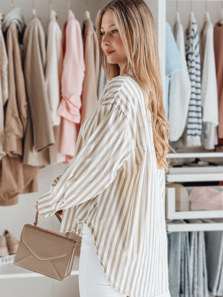 Koszule Damskie>Dstreet Koszula damska oversize z dłuższym tyłem SAMONE w beżowo-białe paski DY0463