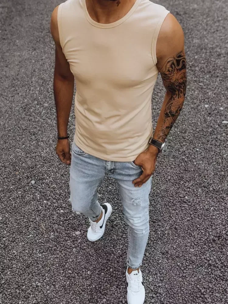 Koszulki Męskie>Dstreet Koszulka bez rękawów męska bez nadruku beżowa RX4918