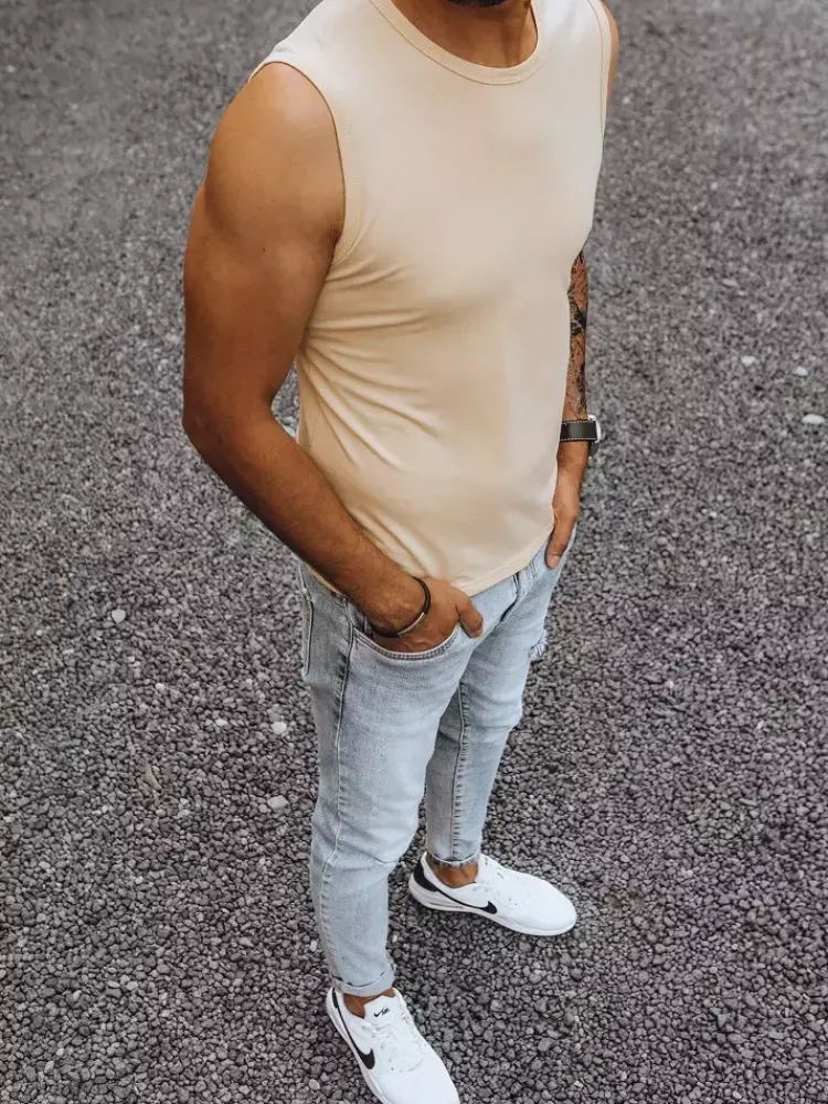 Koszulki Męskie>Dstreet Koszulka bez rękawów męska bez nadruku beżowa RX4918