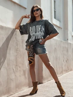 T-Shirty Damskie>Dstreet Koszulka damska z nadrukiem HAYATOUS grafitowa RY2648