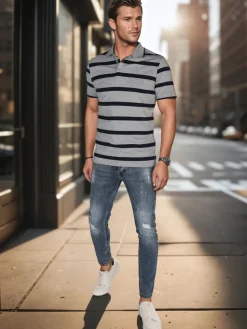 Koszulki Męskie>Dstreet Koszulka męska polo w paski jasnoszara PX0646