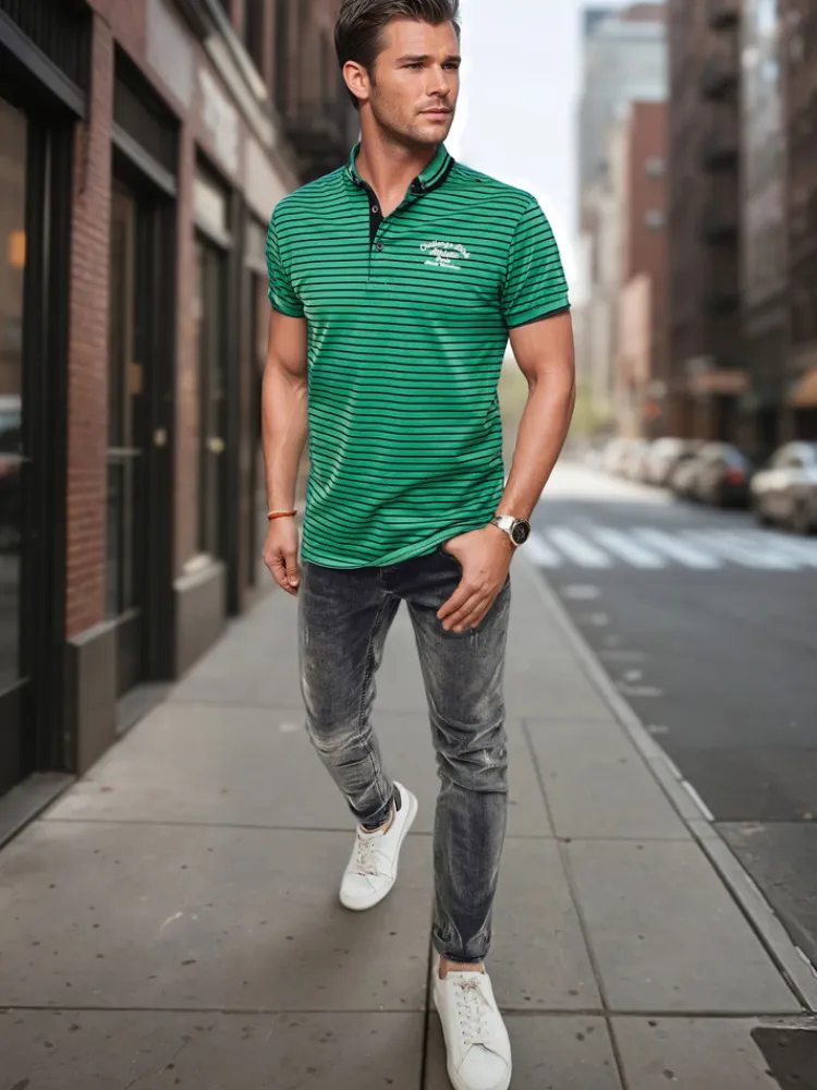 Koszulki Męskie>Dstreet Koszulka męska polo w paski zielona PX0614