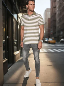 Koszulki Męskie>Dstreet Koszulka męska polo w paski zielona PX0640