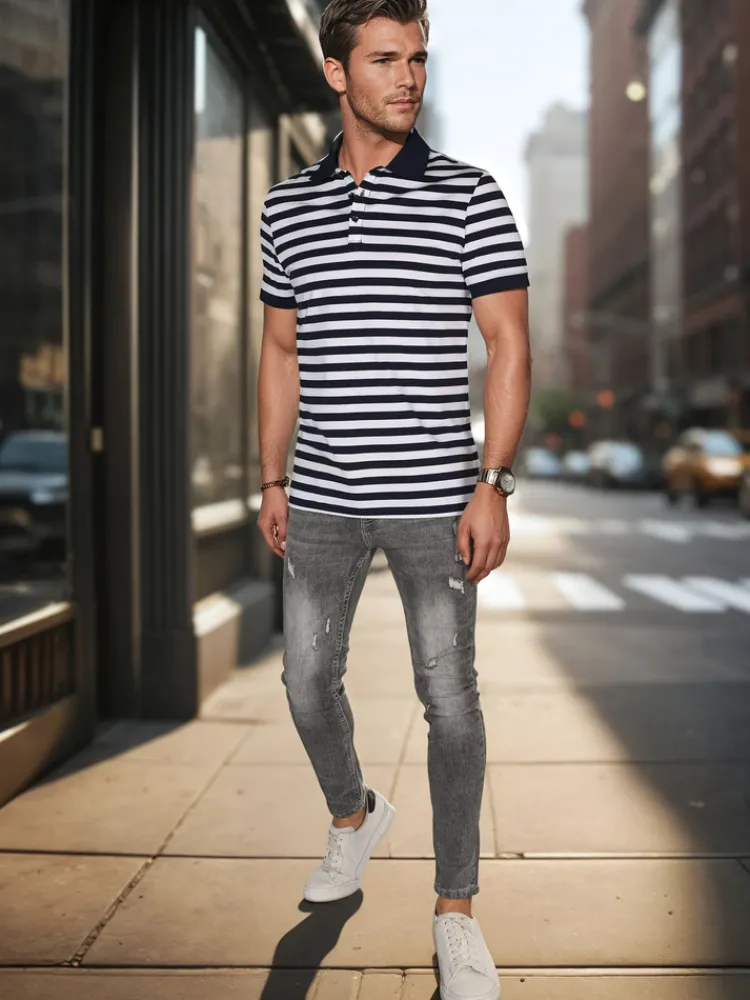 Koszulki Męskie>Dstreet Koszulka męska polo w paski granatowa PX0641