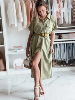 Sukienki>Dstreet Koszulowa sukienka z paskiem maxi ARMINA zielona EY2605