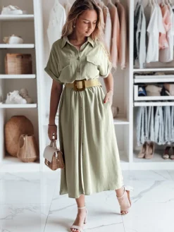 Sukienki>Dstreet Koszulowa sukienka z paskiem maxi ARMINA zielona EY2605