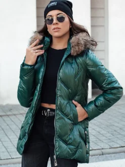 Kurtki Damskie>Dstreet Kurtka damska CLASSIQ zimowa pikowana z kapturem ciemnozielona TY4626