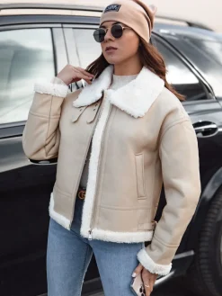 Kożuszki Damskie|Kurtki Damskie>Dstreet Kurtka damska FURBLAZE skórzana z kożuszkiem beżowa TY4731