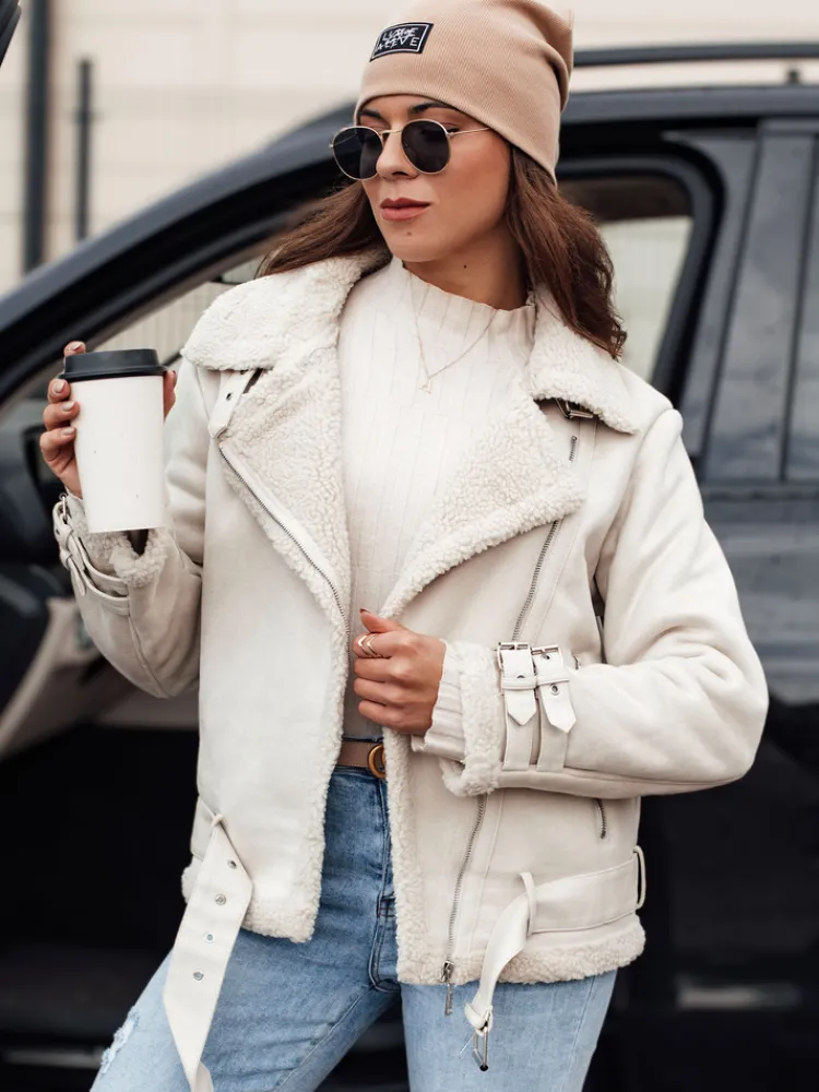 Kożuszki Damskie|Kurtki Damskie>Dstreet Kurtka damska LEVERINO zamszowa z kożuszkiem biała TY4732