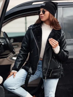 Kożuszki Damskie|Kurtki Damskie>Dstreet Kurtka damska NORFDIMA skórzana z kożuszkiem czarna TY4737
