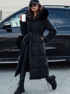 Kurtki Damskie>Dstreet Kurtka damska pikowana długa z futerkiem GLAMWARM czarna TY4560