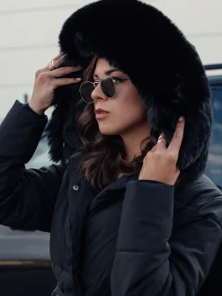 Kurtki Damskie>Dstreet Kurtka damska pikowana długa z futerkiem GLAMWARM czarna TY4560