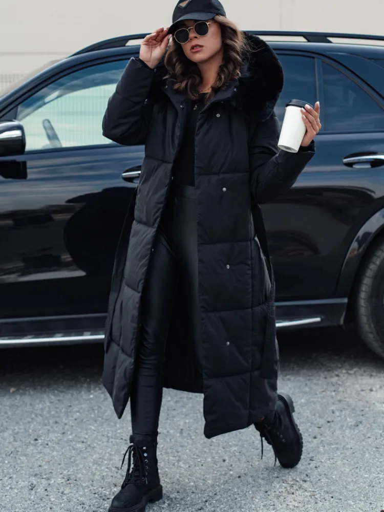 Kurtki Damskie>Dstreet Kurtka damska pikowana długa z futerkiem GLAMWARM czarna TY4560