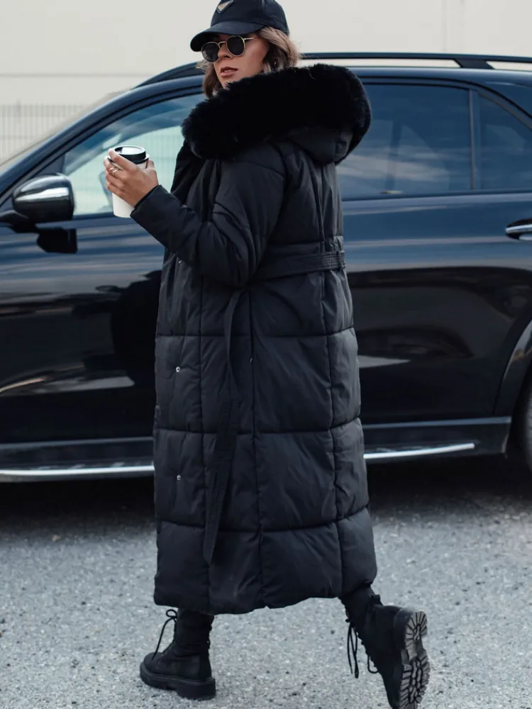 Kurtki Damskie>Dstreet Kurtka damska pikowana długa z futerkiem GLAMWARM czarna TY4560