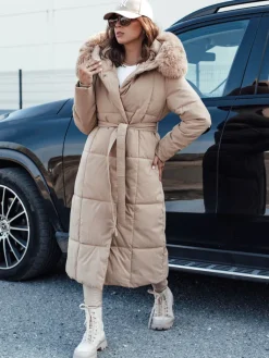 Kurtki Damskie>Dstreet Kurtka damska pikowana długa z futerkiem GLAMWARM beżowa TY4559