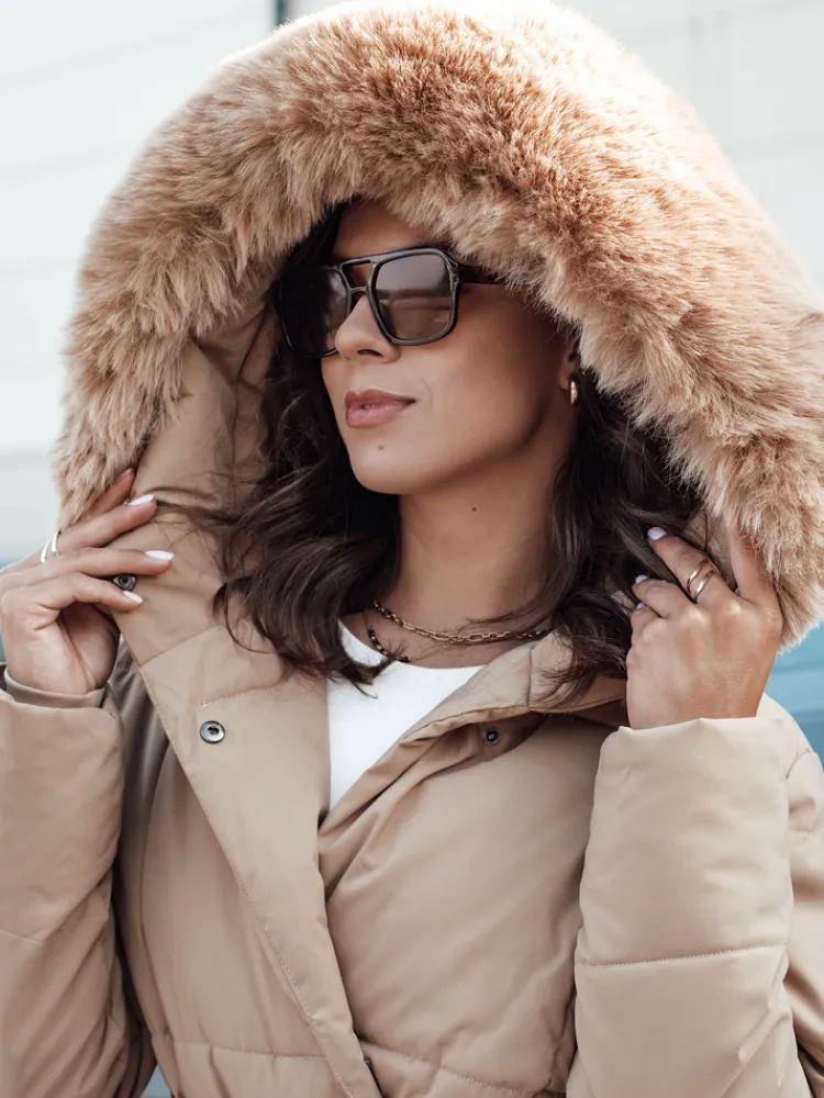 Kurtki Damskie>Dstreet Kurtka damska pikowana długa z futerkiem GLAMWARM beżowa TY4559