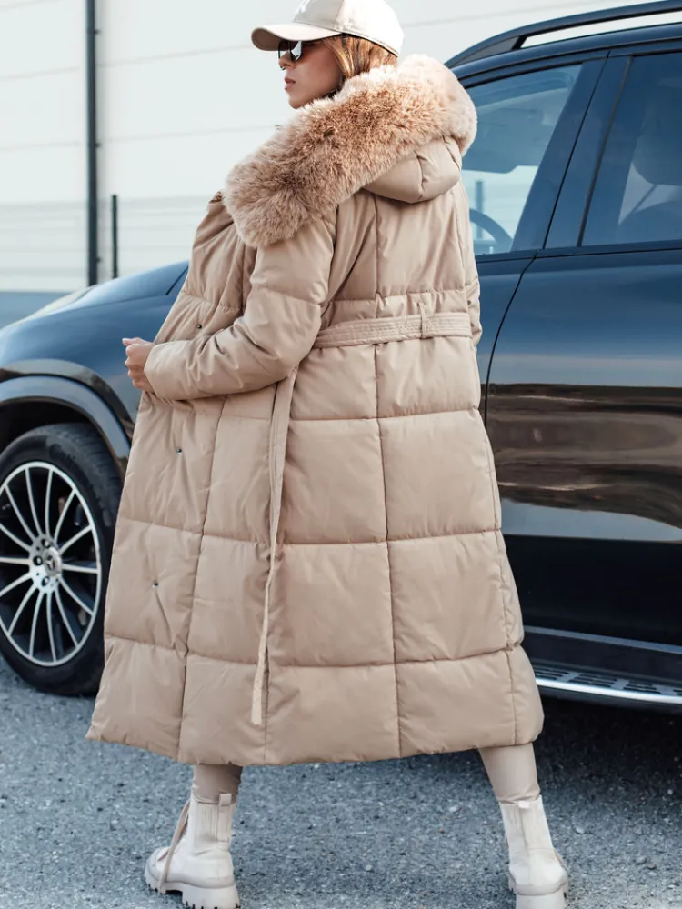 Kurtki Damskie>Dstreet Kurtka damska pikowana długa z futerkiem GLAMWARM beżowa TY4559