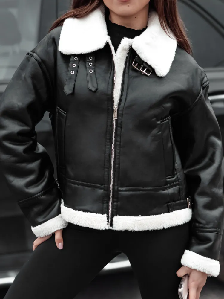 Kożuszki Damskie|Kurtki Damskie>Dstreet Kurtka damska SHEREB skórzana z kożuszkiem czarna TY4781