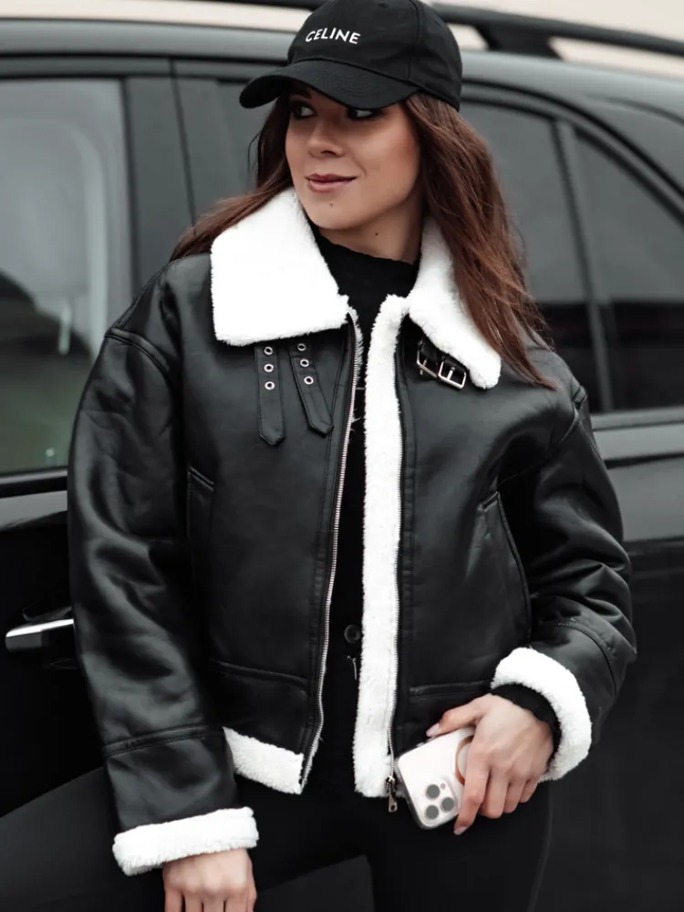 Kożuszki Damskie|Kurtki Damskie>Dstreet Kurtka damska SHEREB skórzana z kożuszkiem czarna TY4781