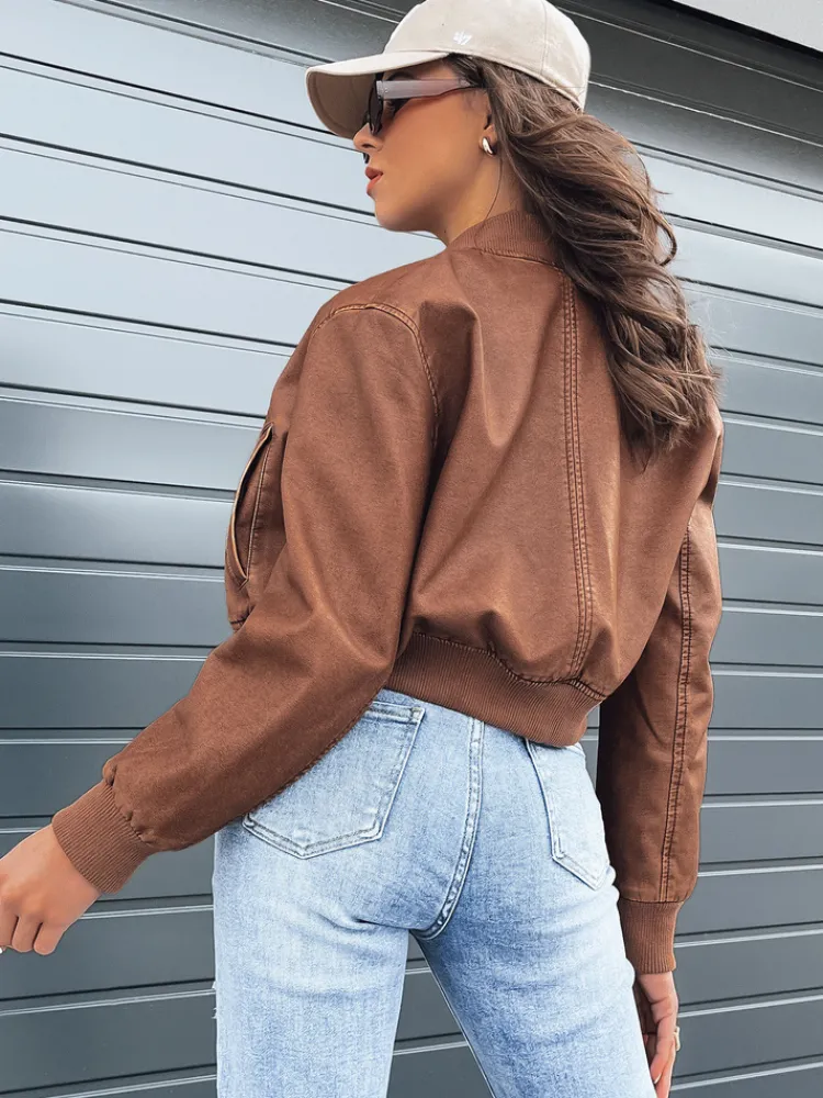 Kurtki Damskie>Dstreet Kurtka damska skórzana bomberka SANTOL kamelowa TY4341