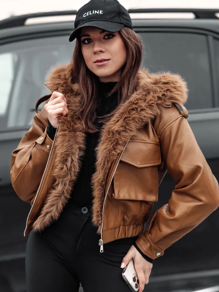 Kurtki Damskie>Dstreet Kurtka damska skórzana z futerkiem SOFTREBEL brązowa TY4761