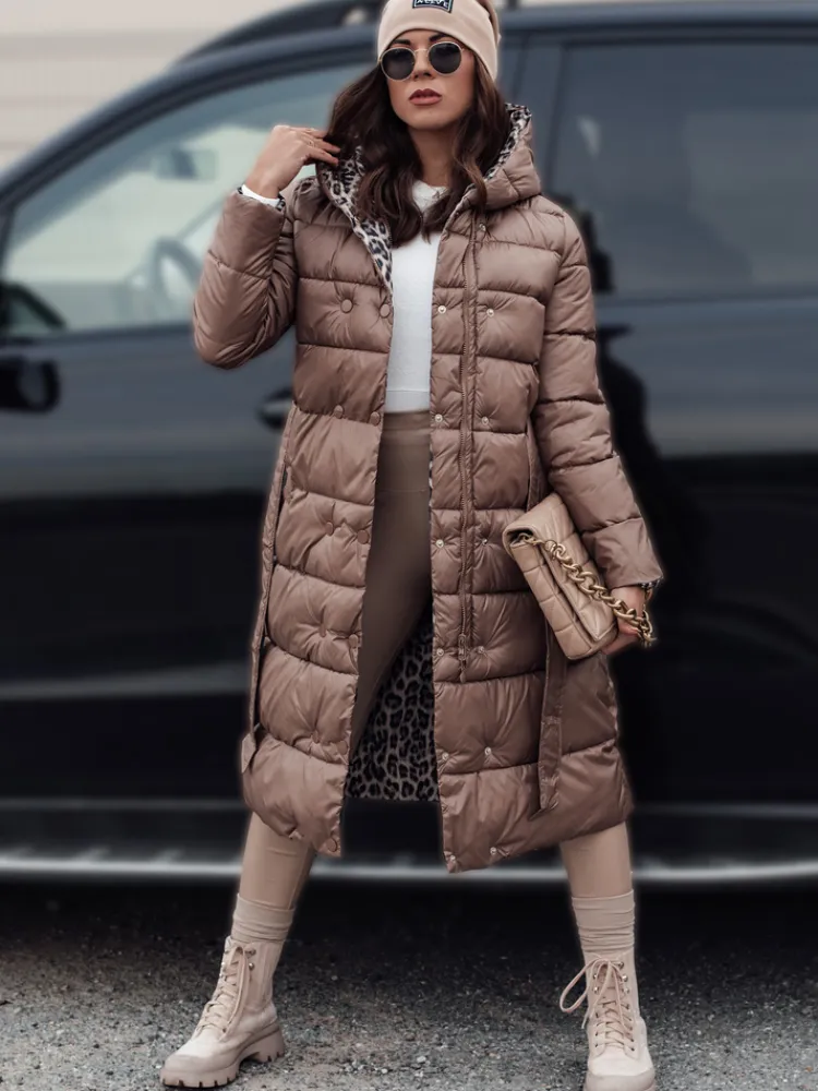 Kurtki Damskie>Dstreet Kurtka damska VELVETTI długa pikowana z kapturem dwustronna kamelowa TY4650